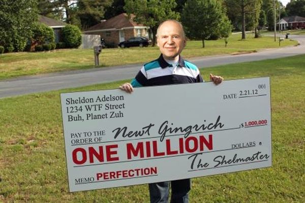 image Photoshopped to be Sheldon Adelson holding a giant check made out to Newt Gingrich for $1 million with a memo line reading 'PERFECTION'