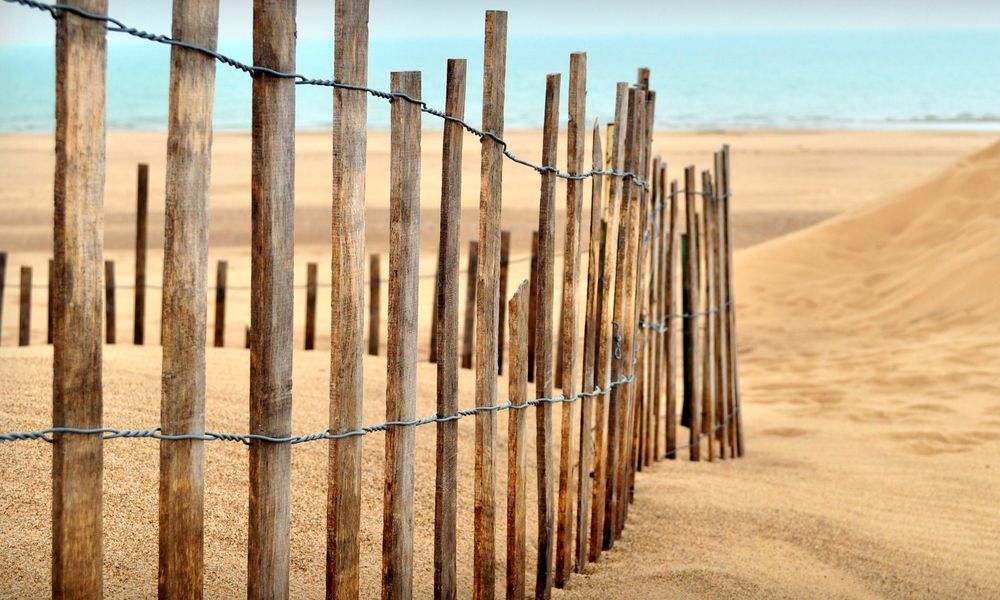 image of sand dudes and a wooden fence at the edge of Lake Michigan