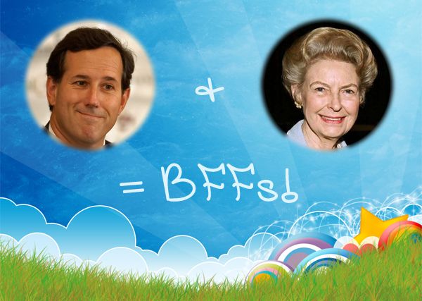 pictures of Rick Santorum and Phyllis Schlafly floating in a rainbow meadow with handwritten text reading 'BFFs!'