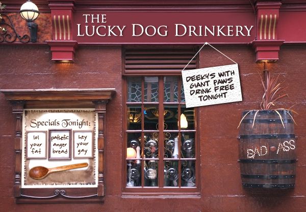 image of a pub photoshopped to be named 'The Lucky Dog Drinkery'