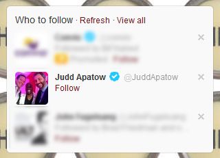 screen cap of Twitter's recommendations for me, featuring Judd Apatow