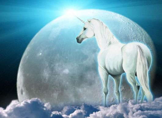 image of a unicorn standing on a cloud in a night sky in front of the moon
