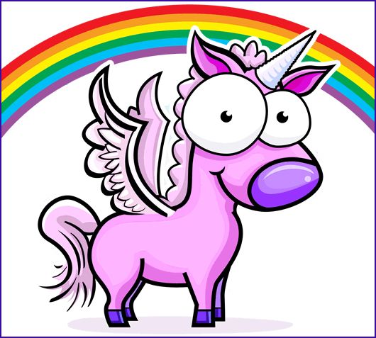 image of a pink cartoon unicorn with a silly face standing in front of a rainbow
