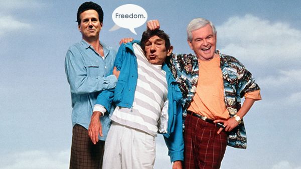 image from Weekend at Bernie's in which I have replaced the actors with Paul, Santorum, and Gingrich
