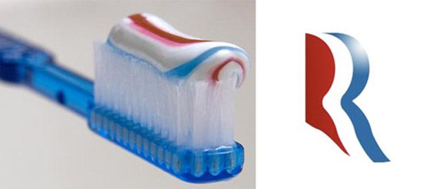 image of red, white, and blue toothpaste compared to Romney's red, white, and blue logo