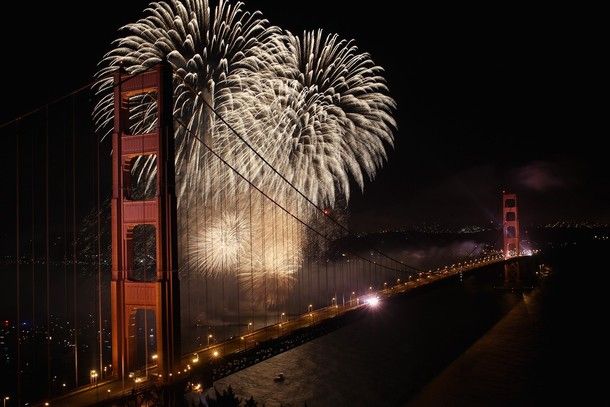 image of fireworks exploding against a night sky over the Golden Gate Bridge