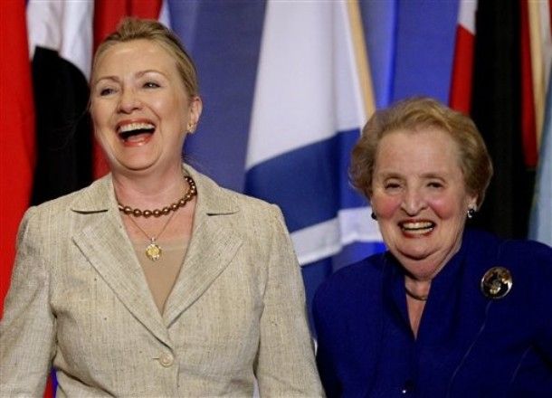 image of Secretary of State Hillary Clinton with former Secretary of State Madeleine Albright, both of them smiling