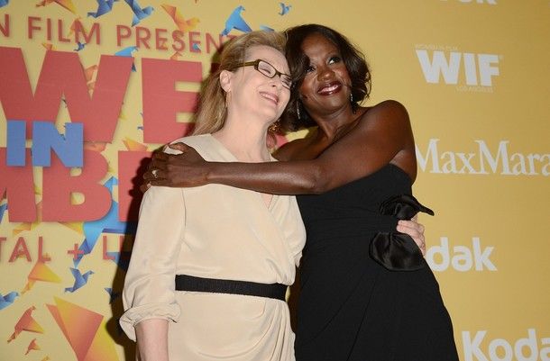 image of actresses Meryl Streep and Viola Davis hugging one another