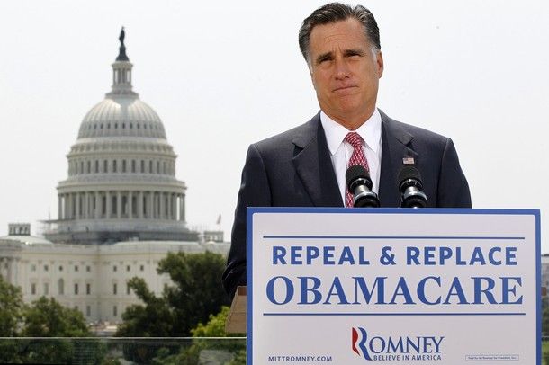 image of Mitt Romney standing in front of the Capitol at a podium sporting a sign reading: 'Repeal and Replace Obamacare'