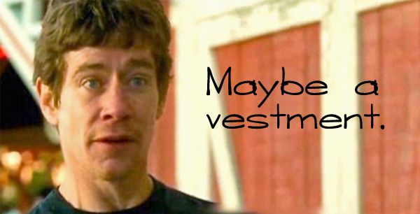 an image of actor Kevin Breznahan in the film Adventureland, to which I have added text reading 'Maybe a vestment.'