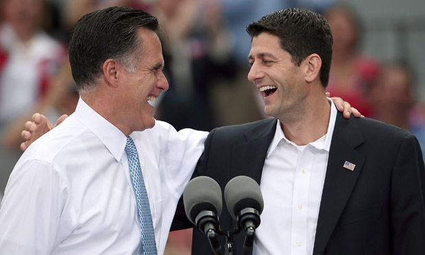 image of Mitt Romney and Paul Ryan looking at each other and laughing, with their arms around each other's shoulders