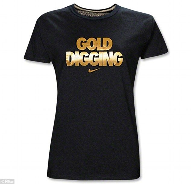 image of a short-sleeved back women's-cut t-shirt with the Nike swoosh accompanied by gold-lettered text reading: 'Gold Digging'