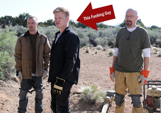 image of Jesse and Walt with one of the guys from the extermination company, to which I've added an arrow pointing at the exterminator dude reading 'This fucking guy'