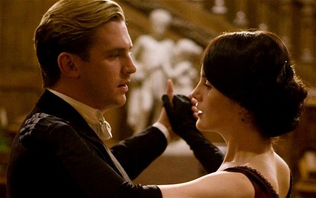image from Downton Abbey of Mary and Matthew dancing