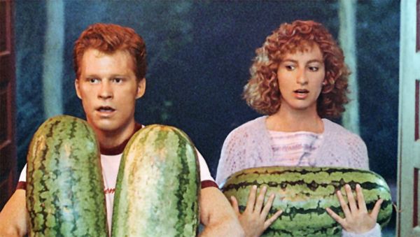 image of Jennifer Grey from Dirty Dancing, in which she is holding a watermelon and looking scandalized.