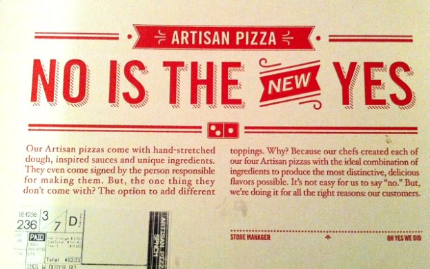 image of top of pizza box with big red letters reading: 'No is the new yes.'