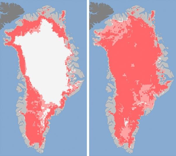 Two images: The Greenland ice sheet on July 8, left, and four days later on the right, in which the ice sheet has almost totally melted.