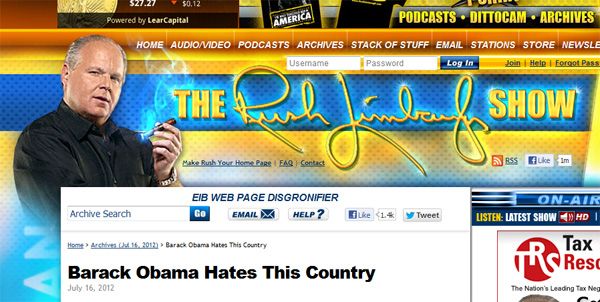 screen cap from Rush Limbaugh's website with headline reading: 'Barack Obama Hates This Country'