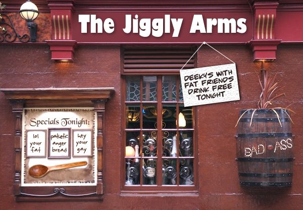 image of a pub photoshopped to be named 'The Jiggly Arms'