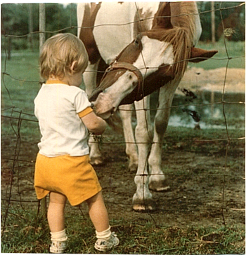 image of me as a toddler feeding a brown and white pony at a fence