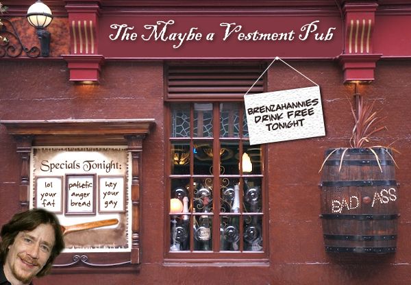 image of a pub photoshopped to be named 'The Maybe a Vestment Pub,' with a picture of actor Kevin Branzahan sticking his head in from the bottom left corner