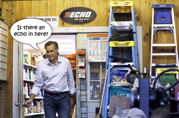 image of Mitt Romney walking through a door in a repair shop, over which hangs a sign reading ECHO, to which I have added a dialogue bubble reading: 'Is there an echo in here?'