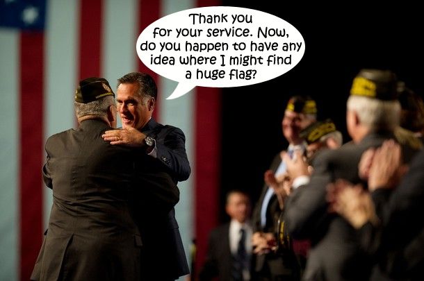 image of Mitt Romney shaking the hand of an elderly white male veteran in front of a giant US flag, to which I have added a dialogue bubble reading: 'Thank you for your service. Now, do you happen to have any idea where I might find a huge flag?'
