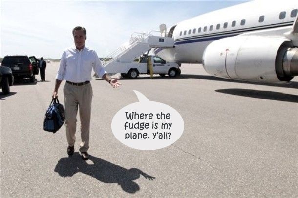 image of Mitt Romney walking on a tarmac with a suitcase, a huge plane in the background, to which I have added a dialogue bubble reading: 'Where the fudge is my plane, y'all?'