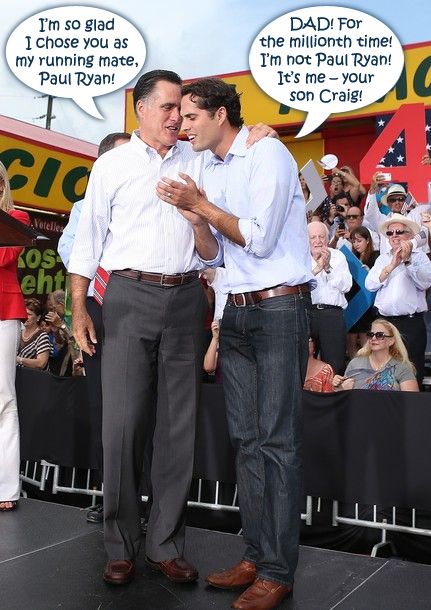 image of Mitt Romney talking to his son Craig onstage at a campaign event, to which I have added dialogue bubbles indicating Mitt is saying: 'I'm so glad I chose you as my running mate, Paul Ryan!' and Craig is responding: 'DAD! For the millionth time! I'm not Paul Ryan! It's me – your son Craig!'