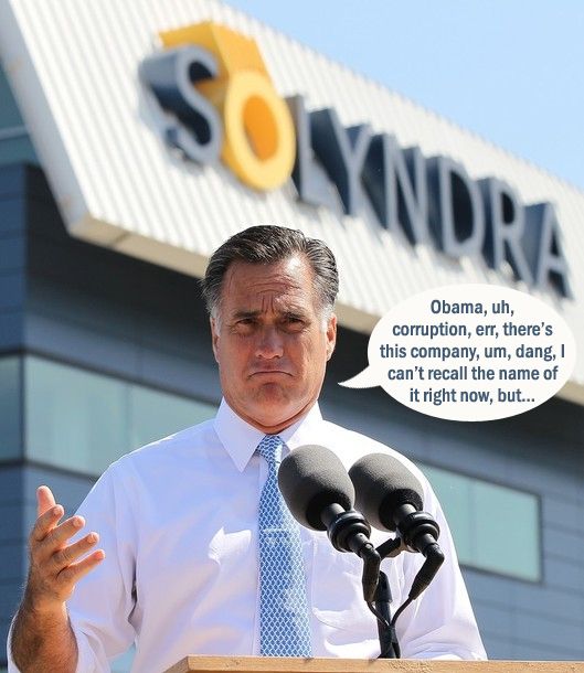 Mitt Romney speaking outside the Solyndra building, with the giant Solyndra logo just behind him, to which I have added a dialogue bubble reading: 'Obama, uh, corruption, err, there's this company, um, dang, I can't recall the name of it right now, but...'