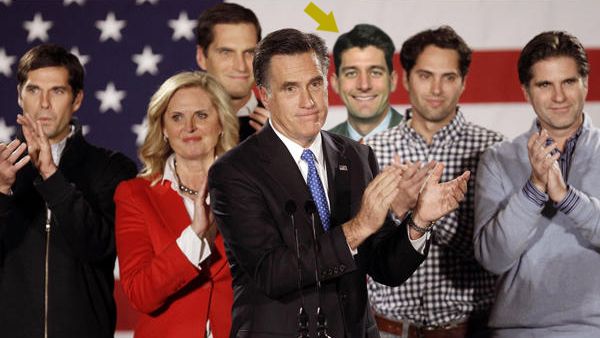 Mitt and Ann Romney with four of their sons, into which I've photoshopped Paul Ryan
