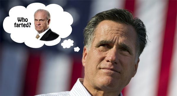 image of Mitt Romney looking pensive while standing in front of a flag, to which I have added a thought bubble with a picture of Fred Thompson saying 'Who Farted?' in it.