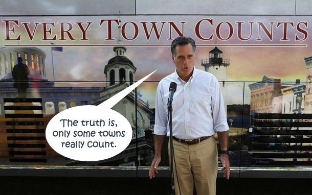 image of Mitt Romney standing in front of a sign reading 'Every Town Counts,' to which I have added a dialogue bubble reading, 'The truth is, only some towns really count.'