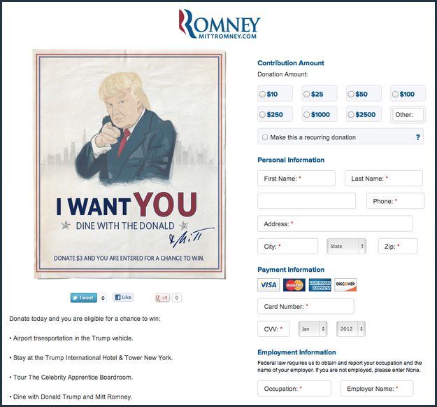 screen cap from Romney's website offering a chance to win a dinner with Donald Trump, featuring an image of Donald Trump as Uncle Sam