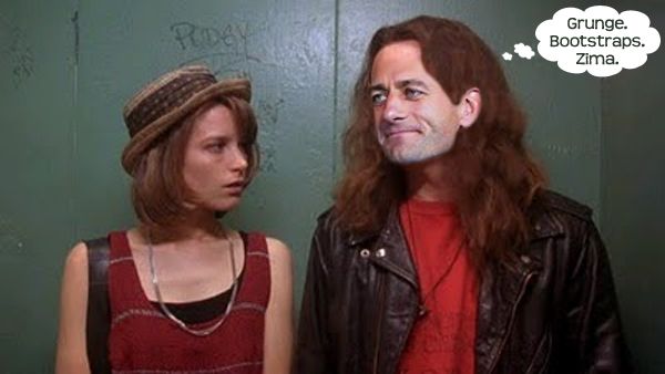 iconic screen shot from 'Singles' with Bridget Fonda and Matt Dillon; I have photoshopped Paul Ryan's face over Dillon's and added a thought bubble reading: 'Grunge. Bootstraps. Zima.'