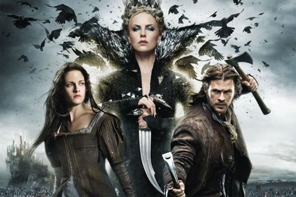 detail from movie poster for Snow White and the Huntsman, featuring Kristen Stewart, Charlize Theron, and Chris Hemsworth