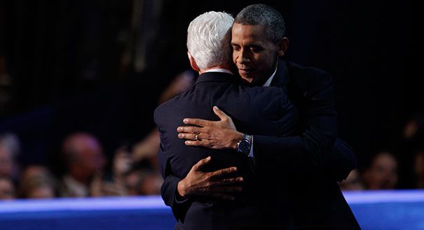 image of Bill Clinton and Barack Obama hugging onstage after Clinton's speech