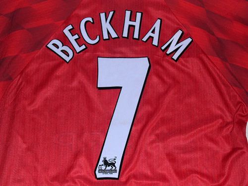image of a red soccer jersey reading 'BECKHAM 7'