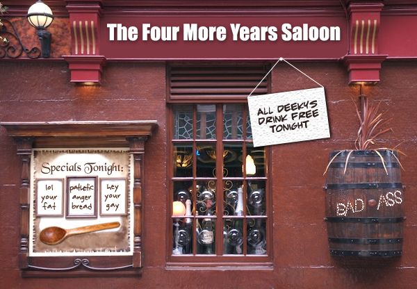 image of a pub Photoshopped to be named 'The Four More Years Saloon'