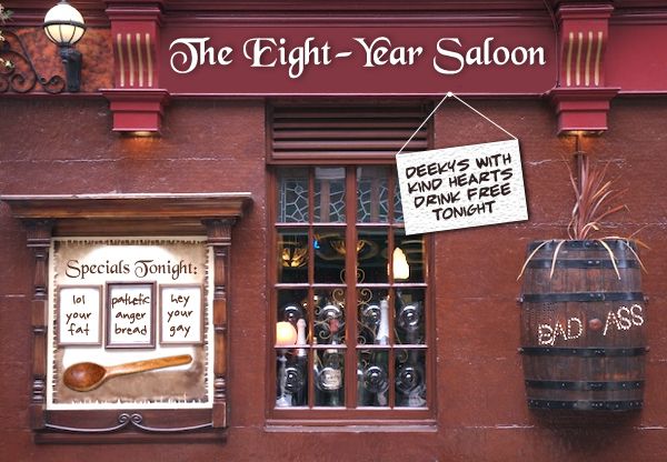 image of a pub Photoshopped to be named 'The Eight-Year Saloon'