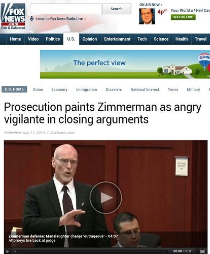 screencap of the Fox News website featuring an article headlined 'Prosecution paints Zimmerman as angry vigilante in closing arguments'