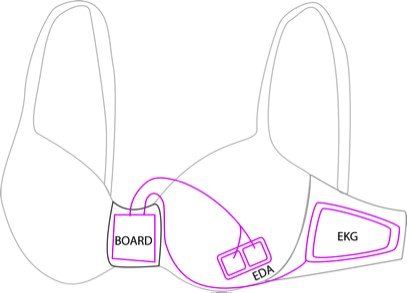 line drawing of a bra with sensors labeled BOARD, EDA, and EKG