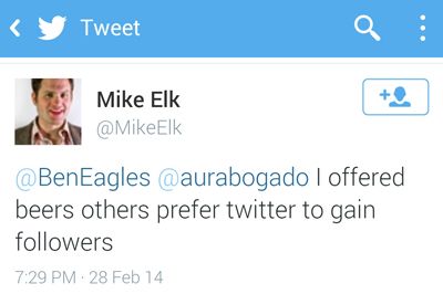  screencap of mike elk tweet saying i offered beers others prefer to gain twitter followers