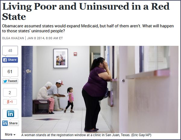 screencap of an image of a fat woman with dark hair standing at a clinic window with her hand covering her face; the photo is captioned 'A woman stands at the registration window at a clinic in San Juan, Texas. (Eric Gay/AP)'