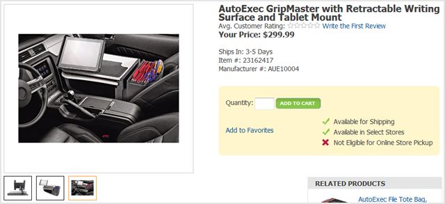 screen cap of product page for what is essentially a mini-desk for one's car that can be used to work while driving