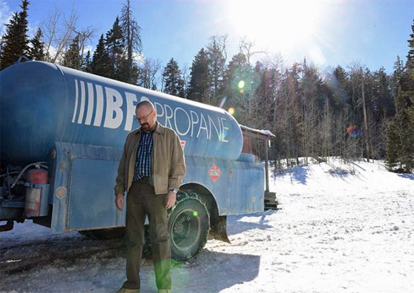 image of Walt (Bryan Cranston) standing next to a propane truck in the snow