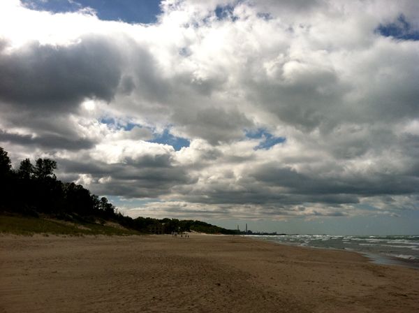 image of the lakeshore to the west; the Chicago skyline can be seen in the very distance