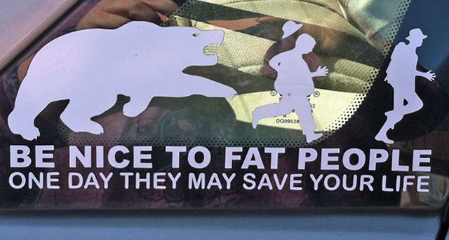 image of a window decal featuring the silhouette of a bear chasing two human silhouettes, one thin one in front and one fat one in back, for whom the bear is reaching, accompanied by text reading: 'BE NICE TO FAT PEOPLE: One day they may save your life.'