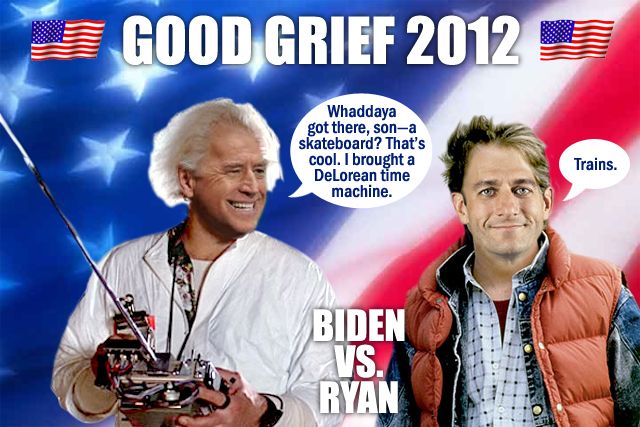 photographed image with US flag background and text reading: 'GOOD GRIEF 2012: OBAMA VS. ROMNEY | Let the debates BEGIN!', featuring Joe Biden as Doc Brown from Back to the Future saying 'Whaddaya got there, son—a skateboard? That's cool. I brought a DeLorean time machine.' and Paul Ryan as Marty McFly saying 'Trains.'