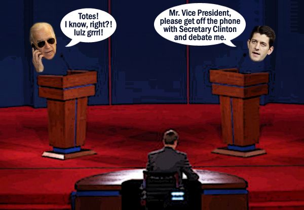 photoshopped image of a debate stage; behind one podium is the head of Vice President Joe Biden, talking on a cell phone, wearing sunglasses, and saying 'Totes! I know, right?! lulz grrrl!' and behind the other is the head of Paul Ryan looking aggravated and saying 'Mr. Vice President, please get off the phone with Secretary Clinton and debate me.'